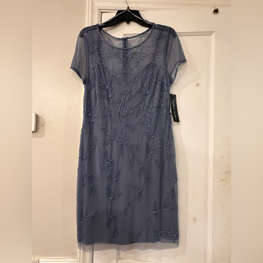 Adrianna Papell Blue Embroidered Midi Dress